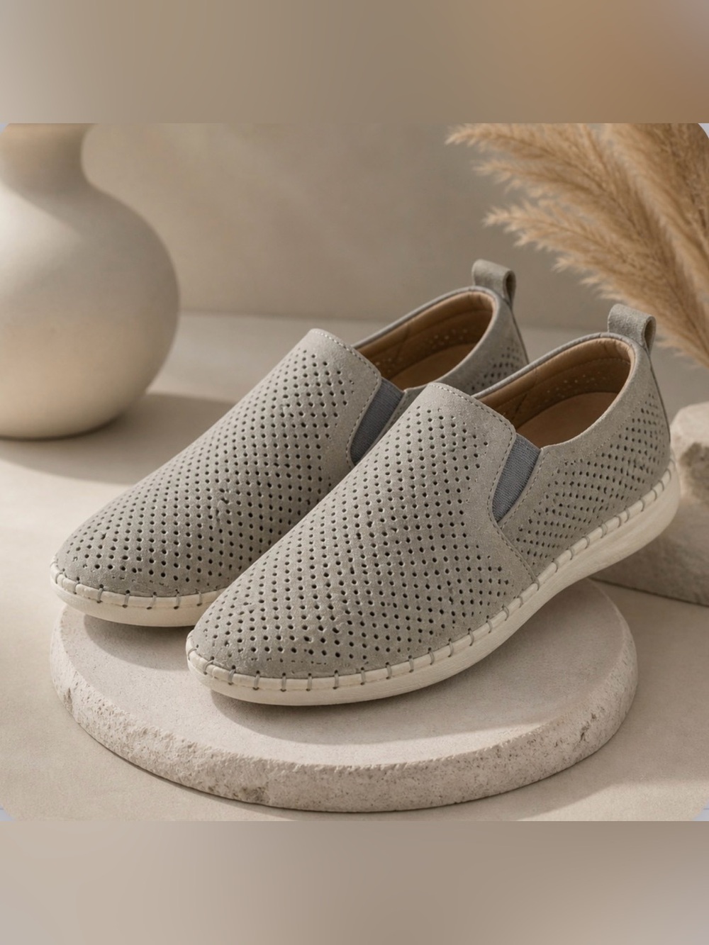 BERNIE MEV Perforated Slip-On Leather Loafers in Light Grey